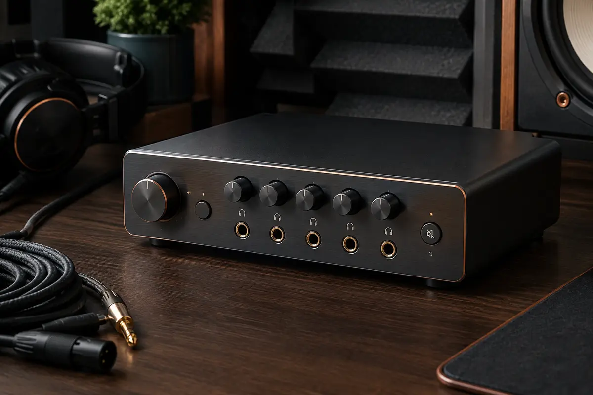 Amplificateur casque compact en aluminium avec commandes individuelles, installé sur un bureau de home-studio