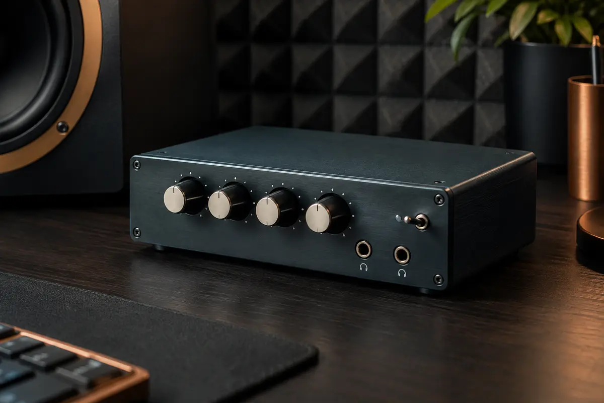 Amplificateur casque compact en métal avec quatre réglages de volume, posé dans un home-studio rangé