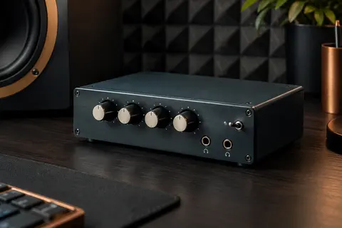 Amplificateur casque compact en métal avec quatre réglages de volume, posé dans un home-studio rangé