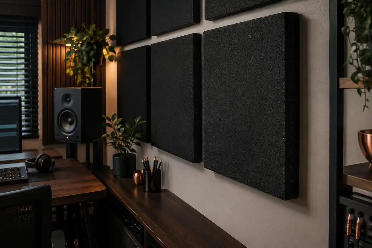 Panneaux acoustiques carrés en mousse noire installés sur un mur de home-studio rangé