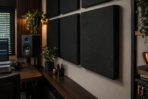Panneaux acoustiques carrés en mousse noire installés sur un mur de home-studio rangé