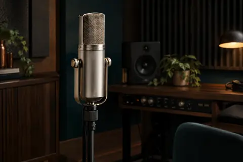 Microphone à ruban en aluminium naturel installé sur un pied dans un home-studio sombre et ordonné.
