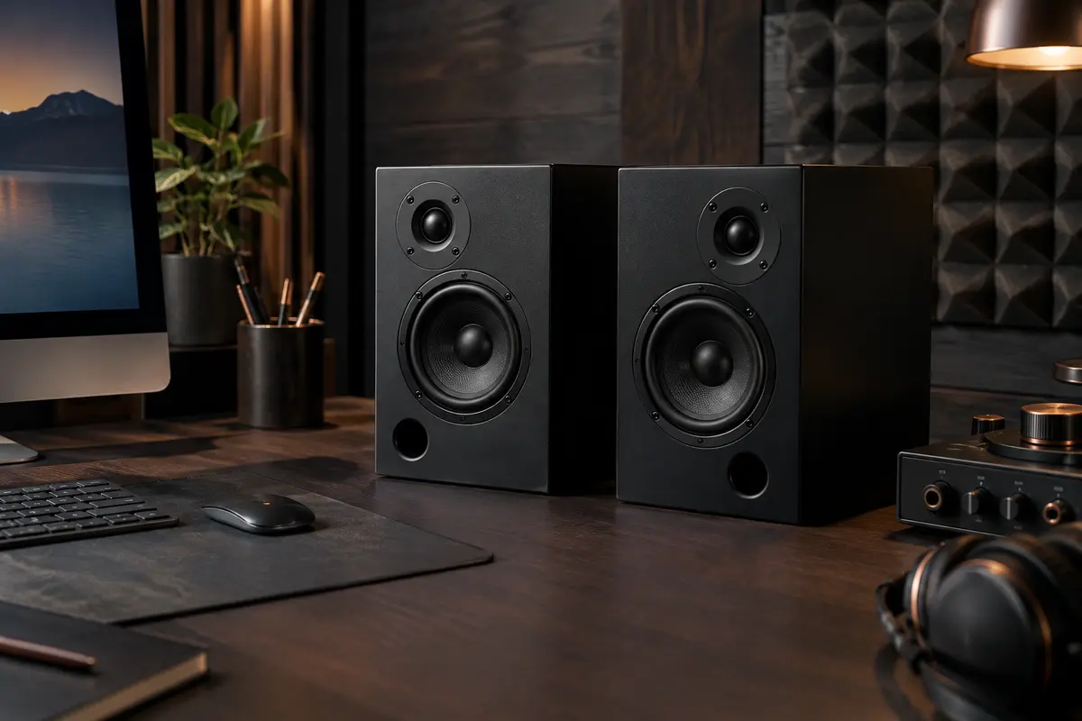 Paire d’enceintes Hercules DJMonitor 32 compactes installées sur un bureau de home-studio