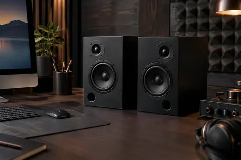 Paire d’enceintes Hercules DJMonitor 32 compactes installées sur un bureau de home-studio