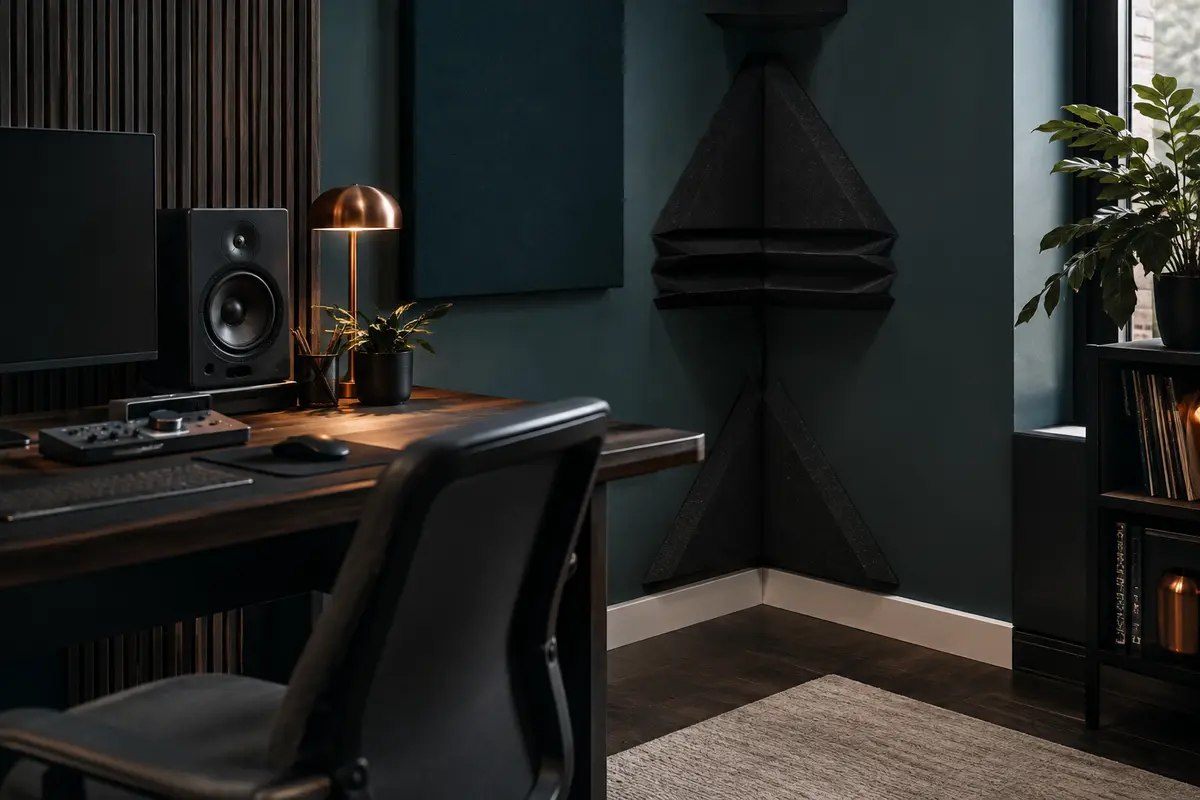 Pièges à basses triangulaires en mousse noire installés dans les angles d’un home-studio rangé.