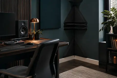 Pièges à basses triangulaires en mousse noire installés dans les angles d’un home-studio rangé.