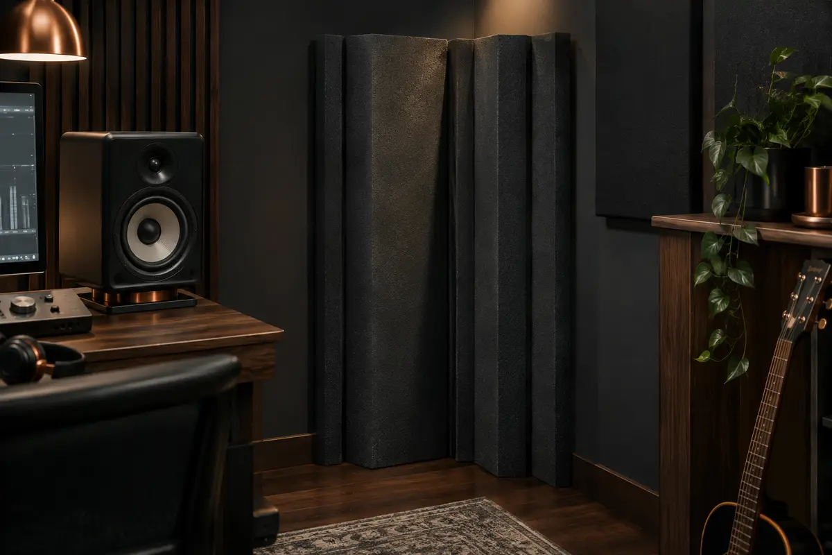 Éléments de mousse acoustique installés dans les angles d’un home-studio rangé, près du bois sombre.