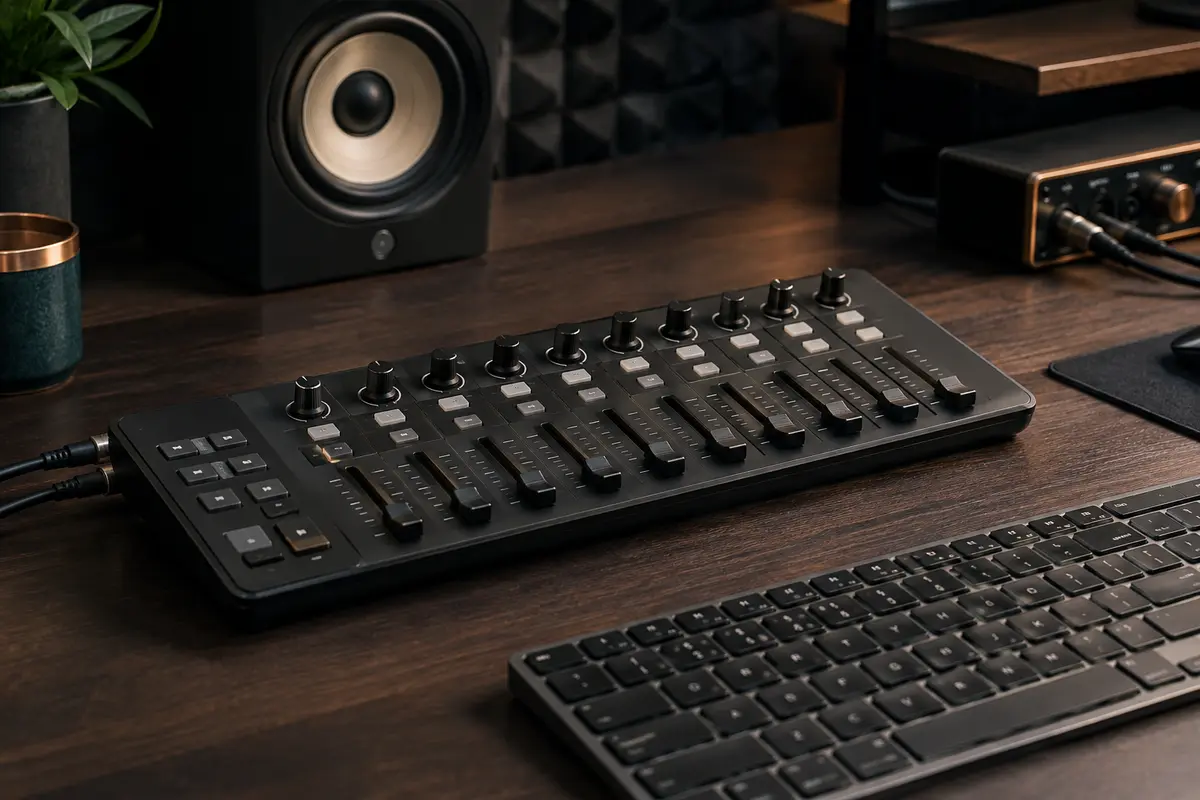 Surface de contrôle MIDI noire avec faders, potentiomètres et boutons sur un bureau de home-studio