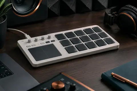 Contrôleur MIDI Korg nanoPAD2 blanc avec ses 16 pads et son pavé X-Y sur un bureau de home-studio.