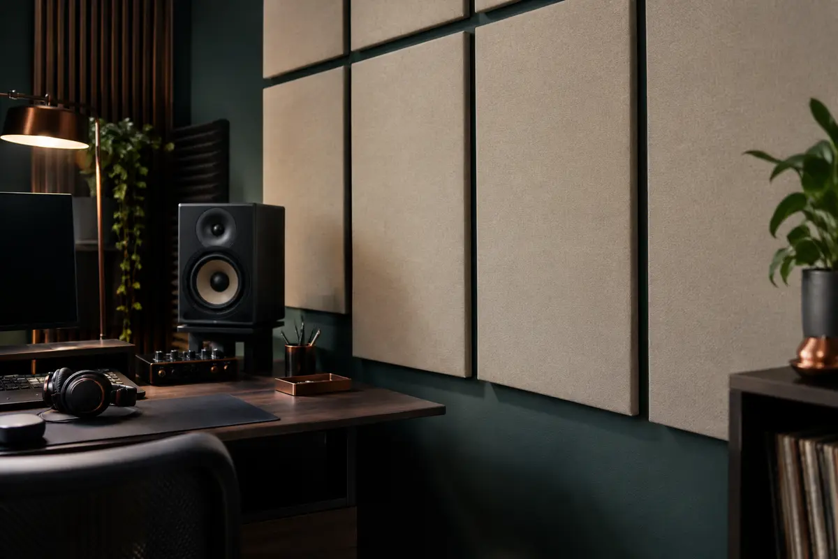 Panneaux acoustiques beige en polyester fixés au mur d’un home-studio rangé avec bureau en bois sombre