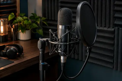 Microphone Lewitt noir à condensateur avec support antichoc et filtre anti-pop dans un home-studio
