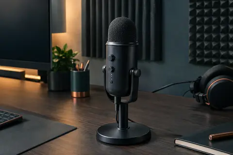 Microphone USB noir à grille arrondie posé sur son pied réglable dans un home-studio rangé.
