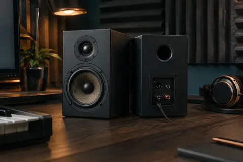 Paire d’enceintes de monitoring M-Audio BX4 installées sur un bureau de home-studio