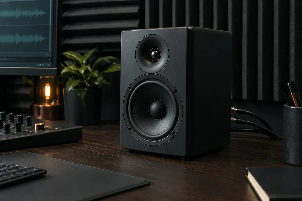 Enceinte de monitoring noire installée sur un bureau en bois sombre dans un home-studio