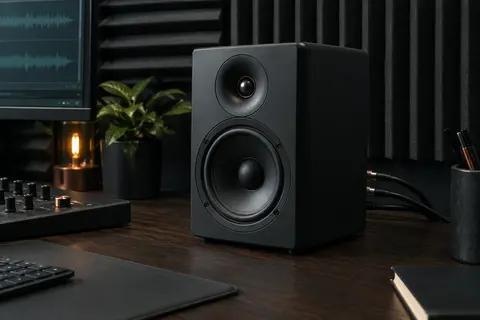 Enceinte de monitoring noire installée sur un bureau en bois sombre dans un home-studio