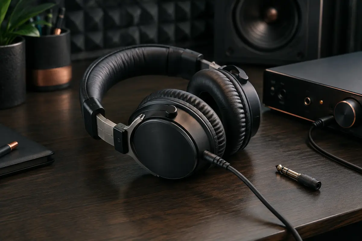 Casque de studio fermé noir avec câble et adaptateur, posé sur un bureau de home-studio rangé.
