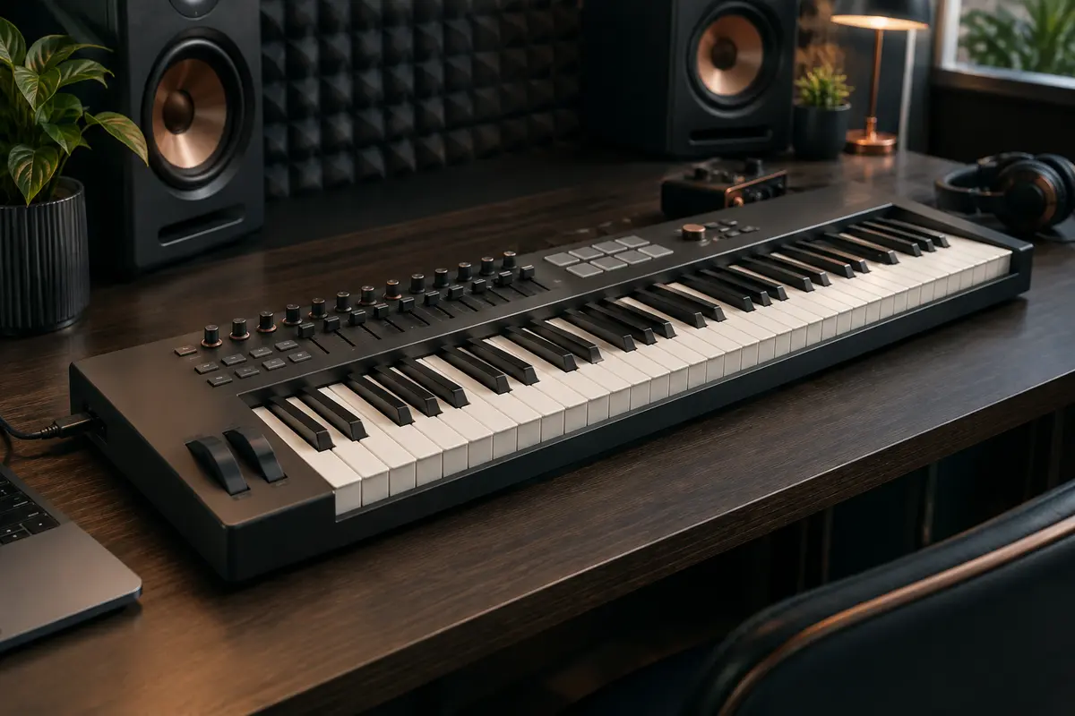 Clavier maître MIDI noir à 61 touches installé sur un bureau de home-studio au bois sombre.