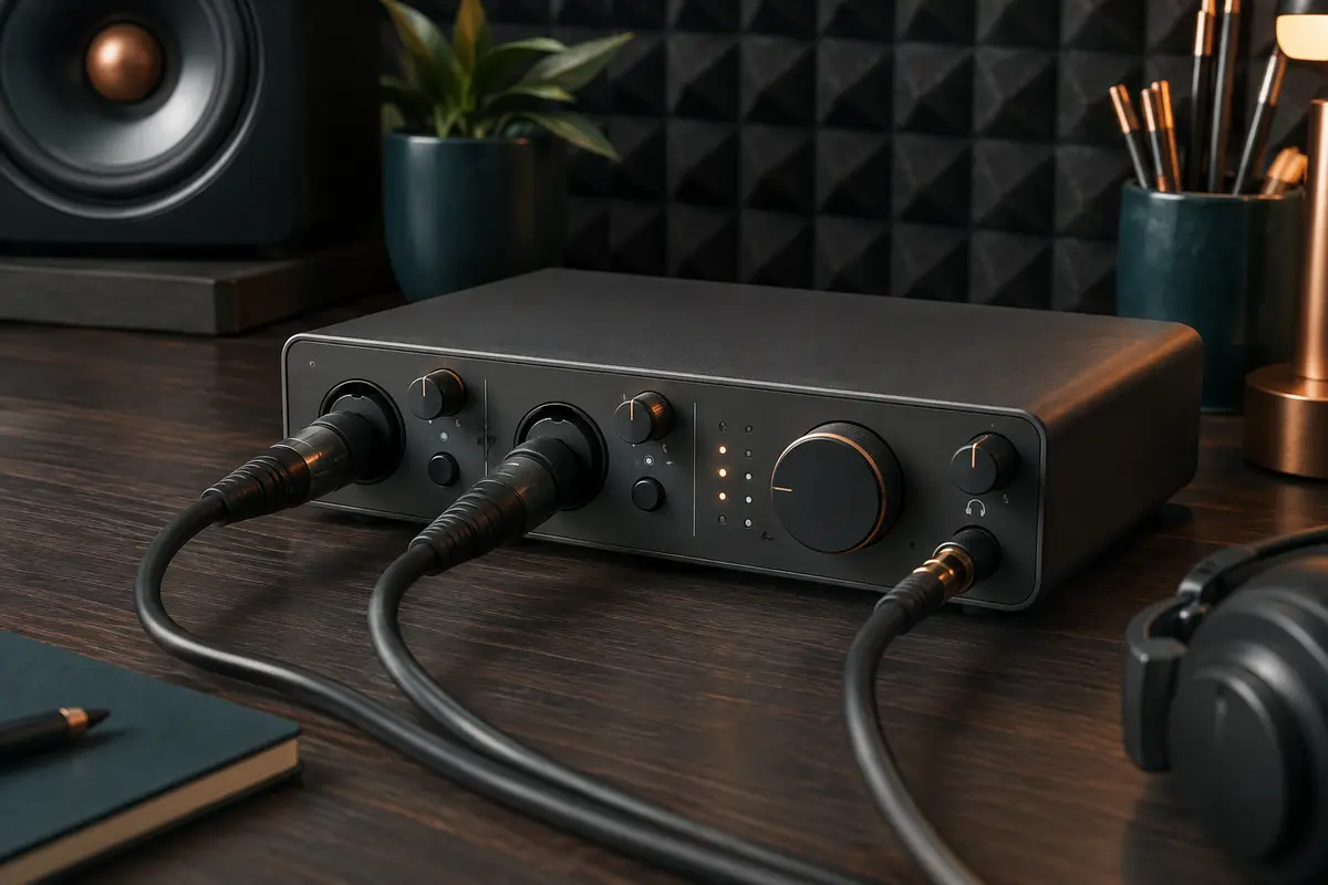 Interface audio compacte gris foncé avec deux entrées combo, posée sur un bureau de home-studio.