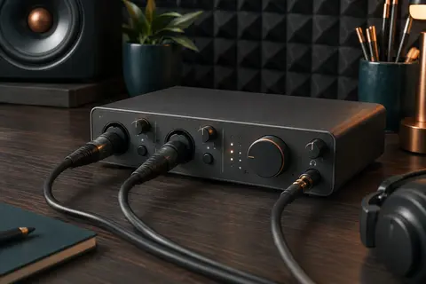Interface audio compacte gris foncé avec deux entrées combo, posée sur un bureau de home-studio.