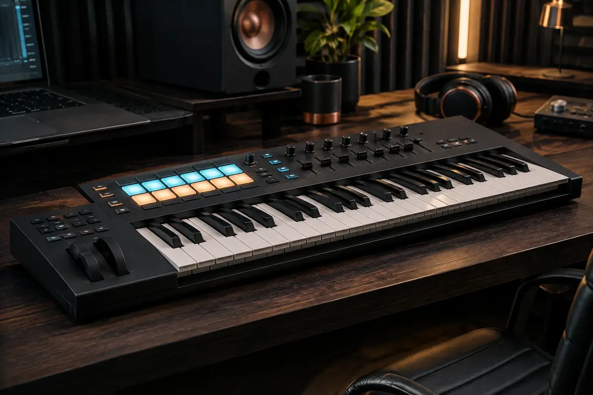 Clavier maître MIDI noir à 49 touches, avec pads RGB, potentiomètres et faders sur un bureau de home-studio