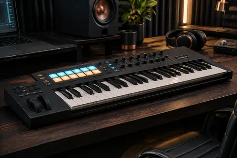 Clavier maître MIDI noir à 49 touches, avec pads RGB, potentiomètres et faders sur un bureau de home-studio