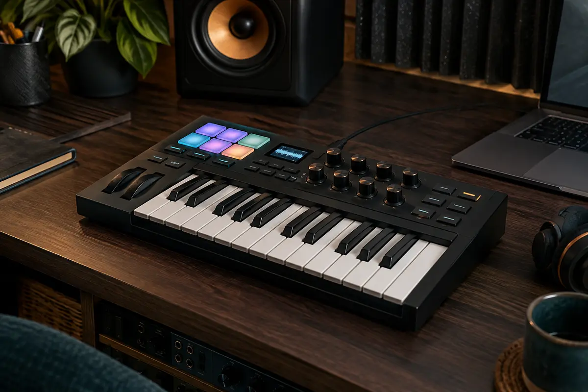 Clavier maître MIDI compact avec touches, pads RGB et commandes installé sur un bureau de home-studio