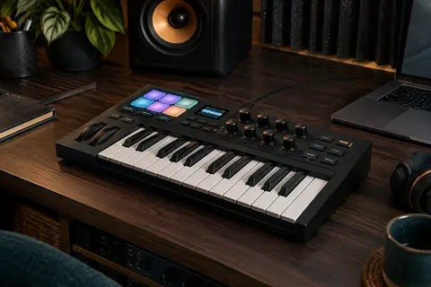 Clavier maître MIDI compact avec touches, pads RGB et commandes installé sur un bureau de home-studio