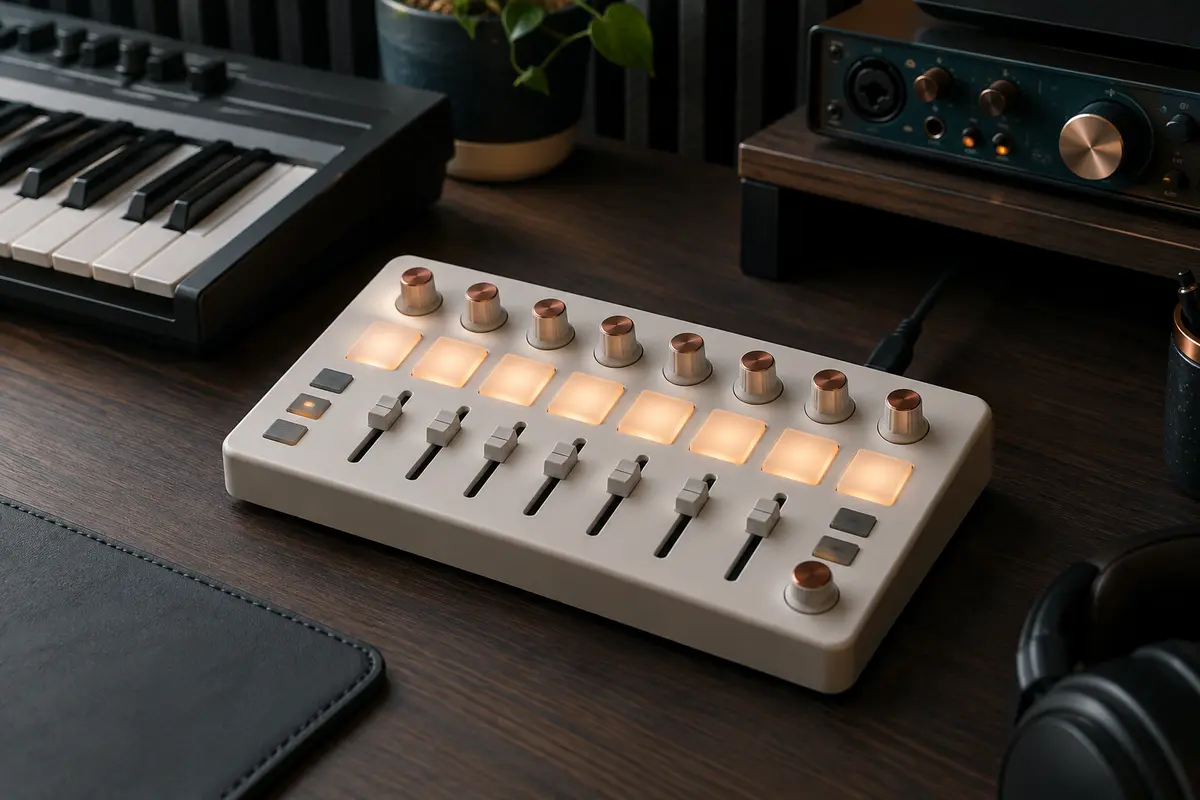 Contrôleur MIDI blanc compact avec encodeurs et touches rétroéclairées sur un bureau de home-studio