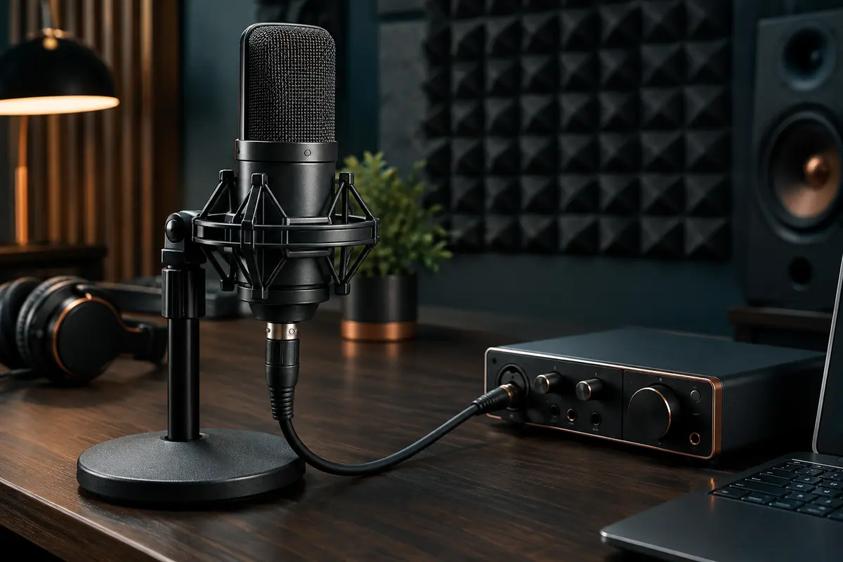 Microphone à condensateur noir sur son support, relié par XLR dans un home-studio rangé.