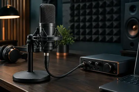 Microphone à condensateur noir sur son support, relié par XLR dans un home-studio rangé.