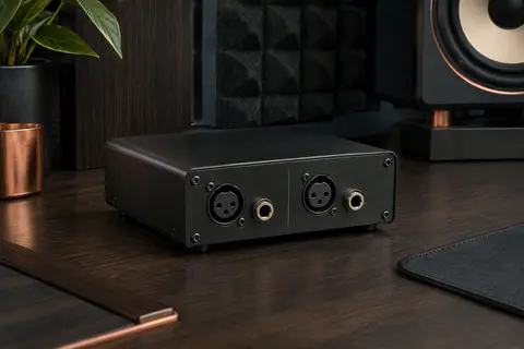 Boîte de direct passive noire à deux canaux dans un home-studio, avec les connexions XLR et jack visibles.