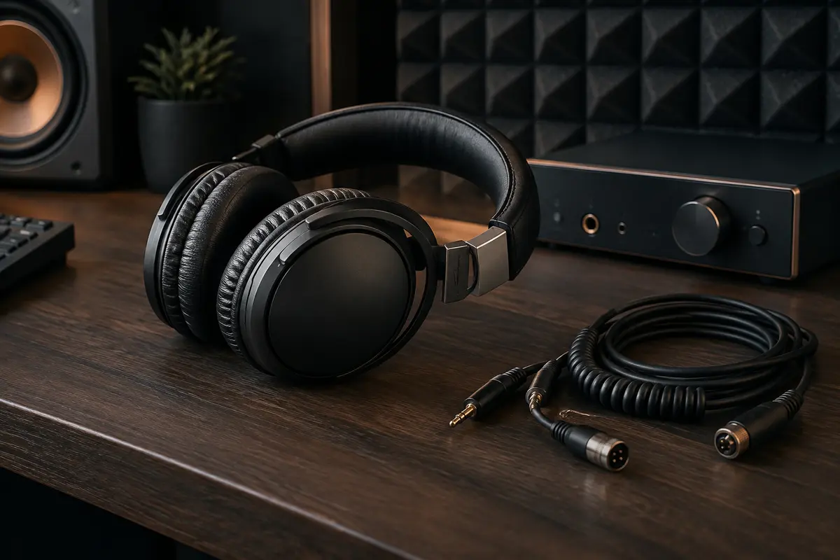 Casque de studio Maono MH700 noir posé dans un home-studio avec ses câbles détachables.