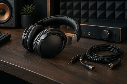 Casque de studio Maono MH700 noir posé dans un home-studio avec ses câbles détachables.