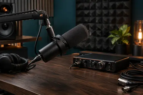 Microphone dynamique noir avec bras et bonnette, installé sur un bureau dans un home-studio sombre.