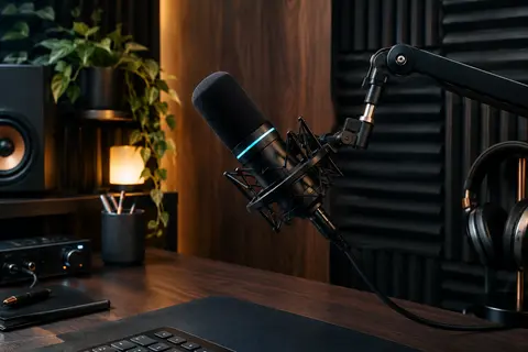 Microphone dynamique noir Maono PD200XS avec bras réglable dans un home-studio rangé