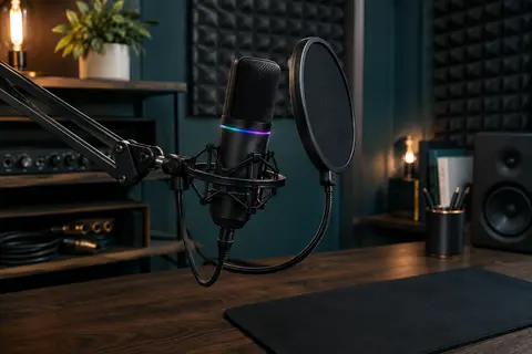 Microphone USB noir sur bras articulé, avec filtre anti-pop et éclairage RGB dans un home-studio.