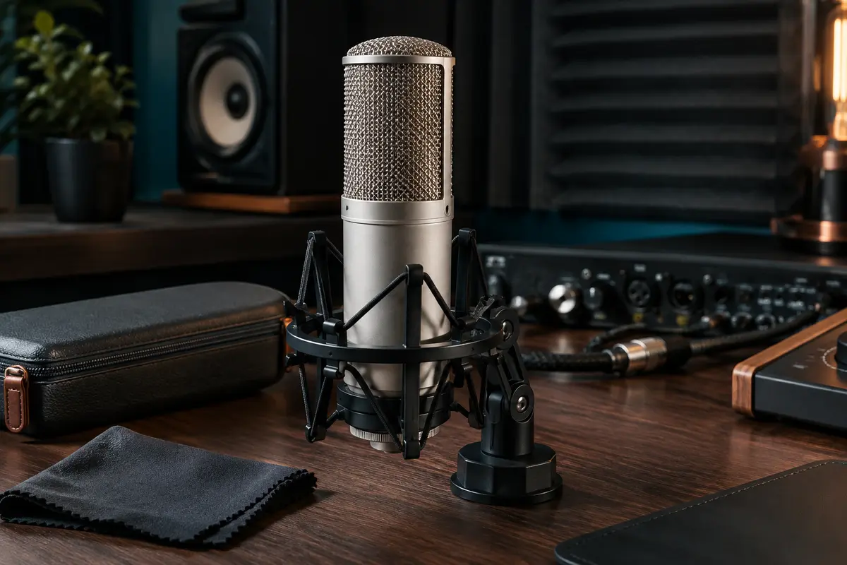 Microphone à ruban argenté avec grille chromée dans son support antichocs, installé en home-studio.