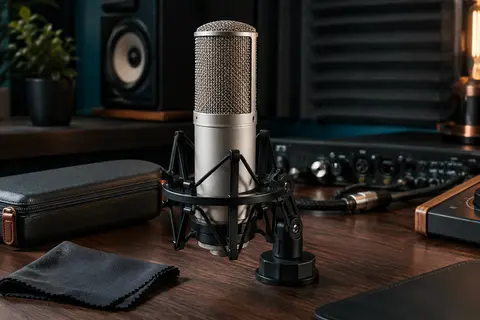 Microphone à ruban argenté avec grille chromée dans son support antichocs, installé en home-studio.