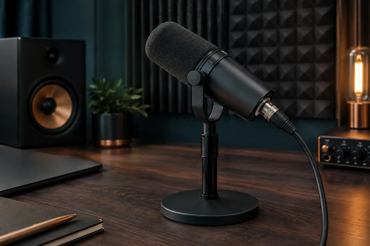 Microphone dynamique cardioïde noir en métal avec câble XLR, installé dans un home-studio rangé.