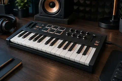 Contrôleur MIDI Nektar noir à 25 touches avec pads et commandes, posé sur un bureau de home-studio.