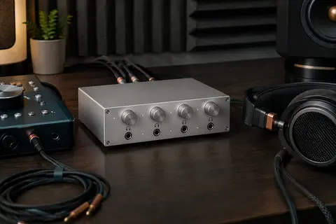 Amplificateur casque Neoteck à quatre canaux posé sur un bureau de home-studio rangé.