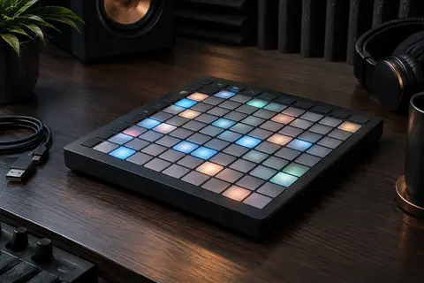 Contrôleur MIDI noir à 64 pads RVB posé sur un bureau en bois sombre dans un home-studio