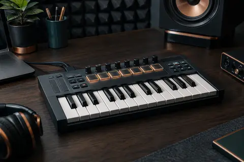 Clavier maître MIDI Novation FLkey Mini noir posé sur un bureau de home-studio