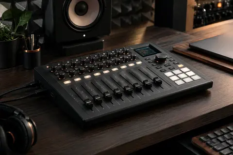 Surface de contrôle MIDI noire avec encodeurs, faders, touches assignables et écran OLED dans un home-studio