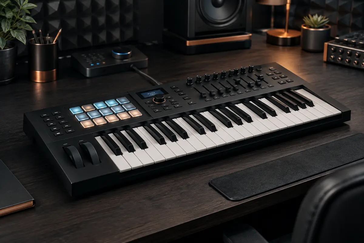 Clavier maître Novation Launchkey 37 MK4 sur un bureau de home-studio, avec ses pads et son écran OLED.