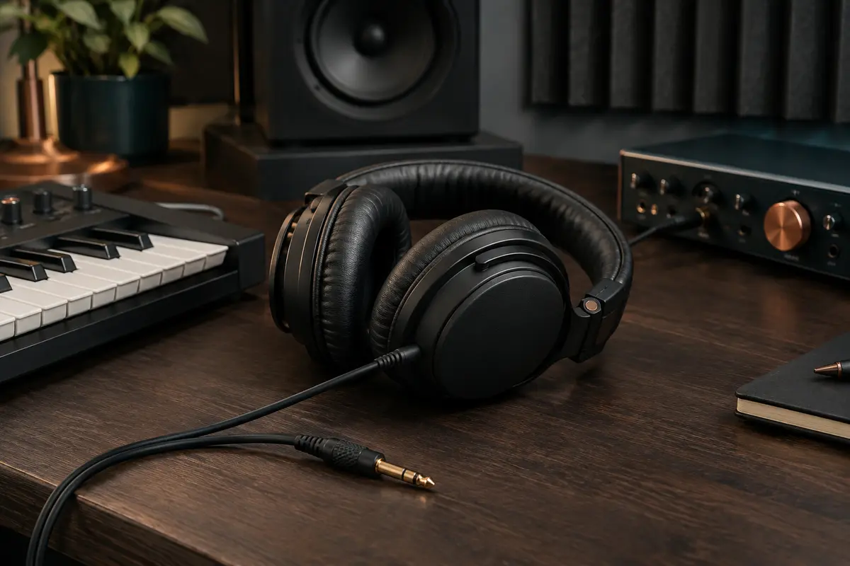 Casque filaire OneOdio noir posé sur un bureau de home-studio près d’un clavier et d’une interface audio