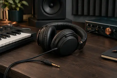 Casque filaire OneOdio noir posé sur un bureau de home-studio près d’un clavier et d’une interface audio