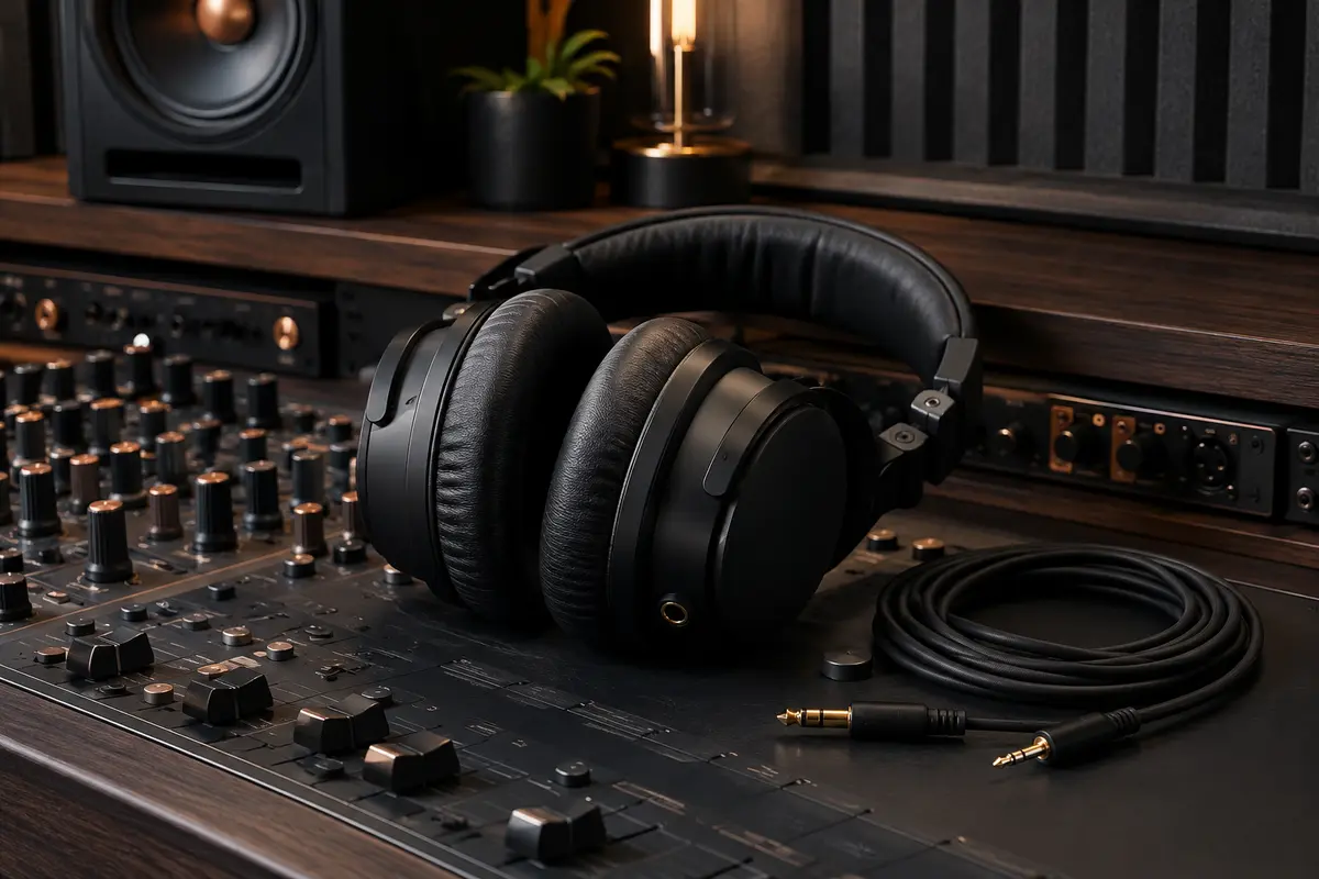 Casque de studio circum-auriculaire noir pliable, posé près d’une console dans un home-studio