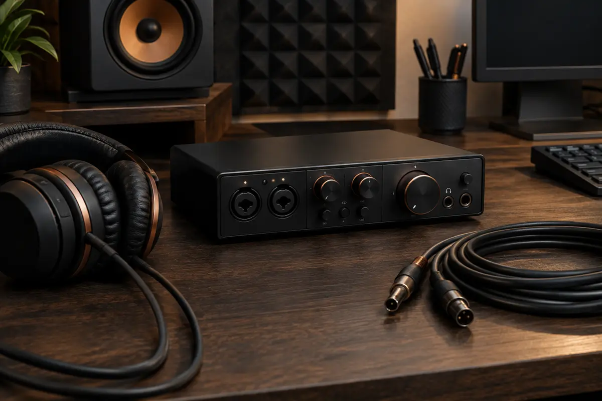 Interface audio noire compacte posée sur un bureau de home-studio, avec casque et câbles à proximité.