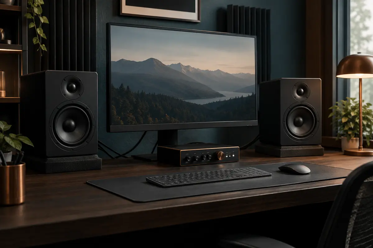 Paire d’enceintes de monitoring noires installées sur un bureau en bois dans un home-studio rangé.